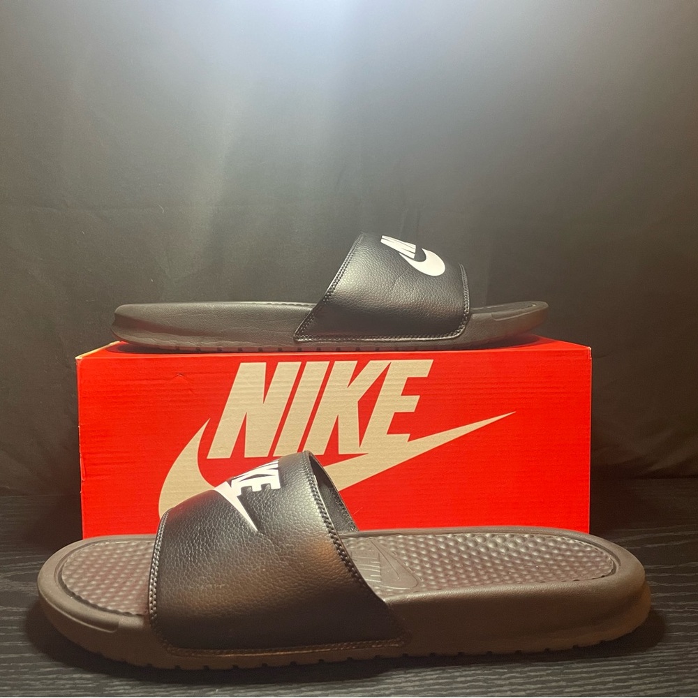 Nike Black Slide Benassi Sandals with White Logo